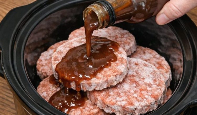 Pour bottled steak sauce over frozen beef patties, paired with 3 ingredients, into slow cooker for a savory weekend feast that’s the one everyone asks
