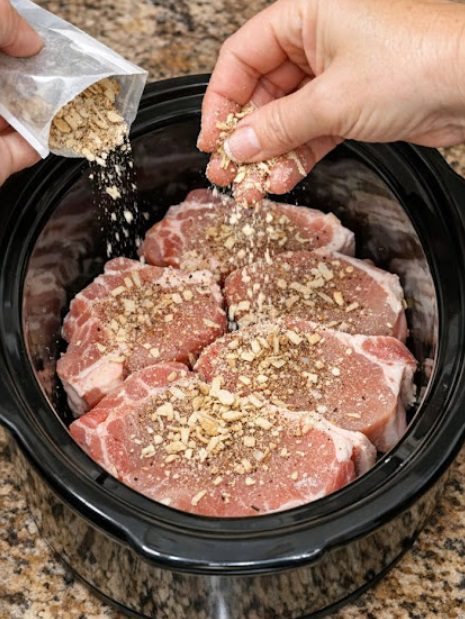 Sprinkle onion soup mix over pork chops, joined by 3 ingredients, into slow cooker for a savory feast that I crave this week after week