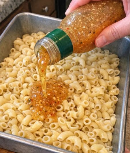 Pour zesty italian dressing and these 3 ingredients over elbow macaroni into a baking pan for a tangy dish everyone asks you to make again